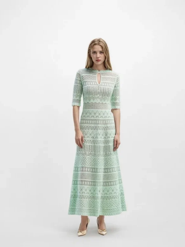 Elegant Light Green Hollow Out Knit Midi Dress Short Sleeve High Waist