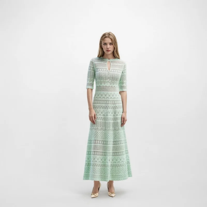 Elegant Light Green Hollow Out Knit Midi Dress Short Sleeve High Waist