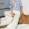 Women's Resort Striped Linen Mix Short Sleeve Loose V Neck Shirt Lace Tassel
