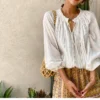 Boho White Breathable Cotton Broderie Anglaise Puff Sleeve Blouse