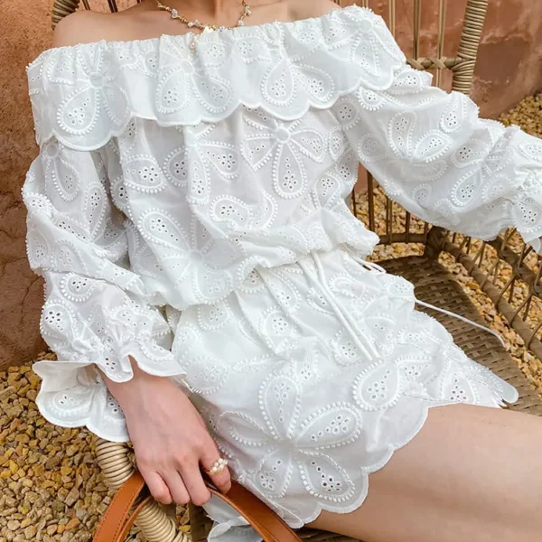 Women's French Boat Neck 3/4 Sleeve Embroidered Floral Cotton Top