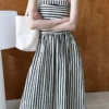 French Style Crinkled Striped Cotton Blend Spaghetti Strap Maxi Dress