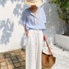 Women's Resort Striped Linen Mix Short Sleeve Loose V Neck Shirt Lace Tassel