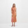 Elegant Striped Knit Midi Dress Skin-Friendly Cooling Sleeveless Round Neck Slim A Line