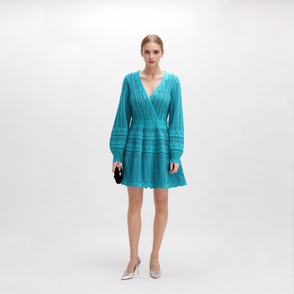Skin-Friendly Cooling Elegant V Neck Long Sleeve Hollow Out High Waist Midi Knit Dress