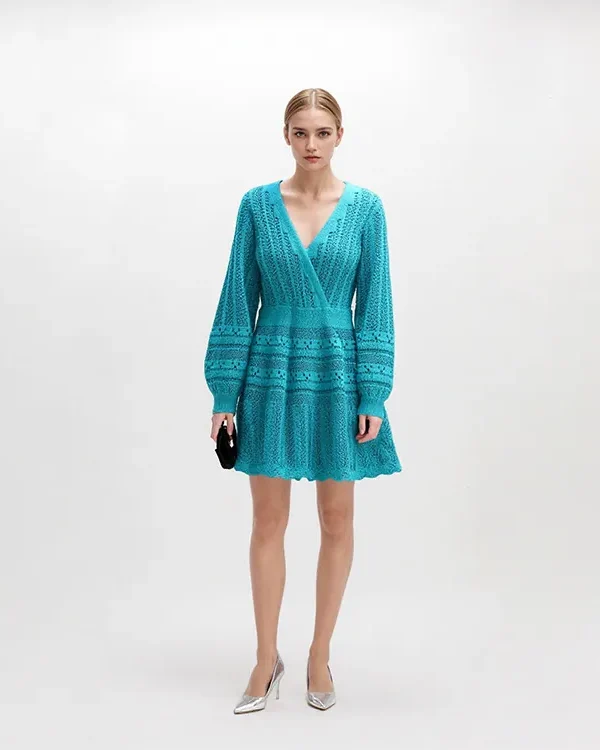Skin-Friendly Cooling Elegant V Neck Long Sleeve Hollow Out High Waist Midi Knit Dress