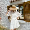 French Riviera Breathable Pure Cotton Broderie Anglaise Mini Shirt Dress