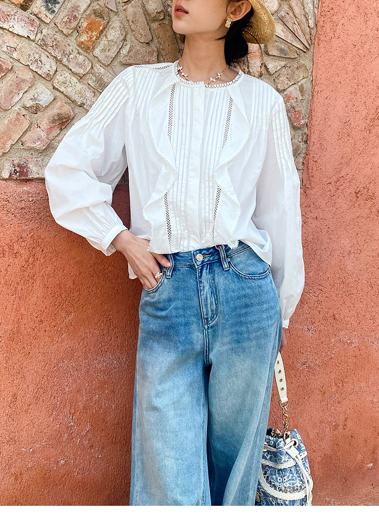 Women's French White Cotton Pleated Long Sleeve Shirt