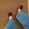 Handmade Square Toe Buckle Leather Block Heel Women Mary Janes Shoes