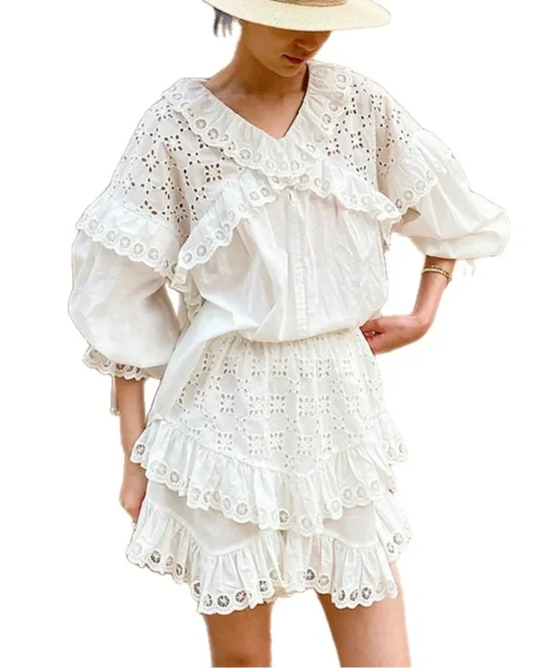 French White Cotton Blouse Long Sleeve V Neck Embroidery Lace Ruffle