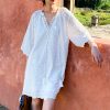 Cotton Embroidered Eyelet Tassel Loose Midi Dress 3/4 Sleeve Boho