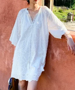 Cotton Embroidered Eyelet Tassel Loose Midi Dress 3/4 Sleeve Boho