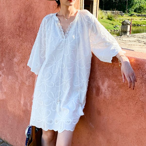 Cotton Embroidered Eyelet Tassel Loose Midi Dress 3/4 Sleeve Boho