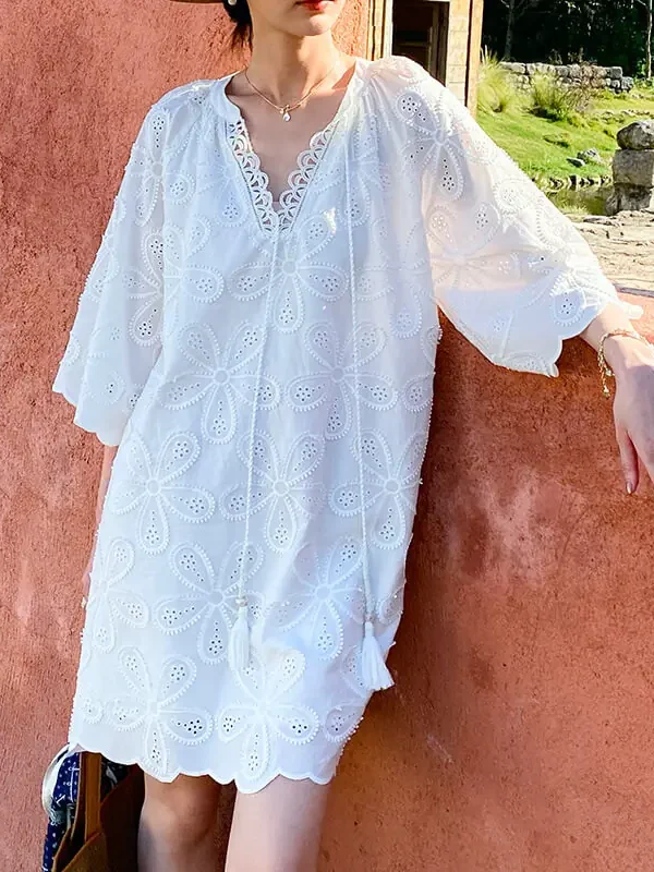 Cotton Embroidered Eyelet Tassel Loose Midi Dress 3/4 Sleeve Boho