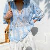 Womens Resort Floral Embroidered Blouse V Neck KimonoSleeve TieUp