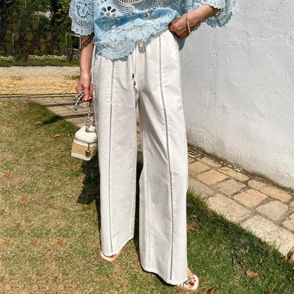 French Riviera Breathable Cotton Linen Ladder Stitch Wide Leg Trousers