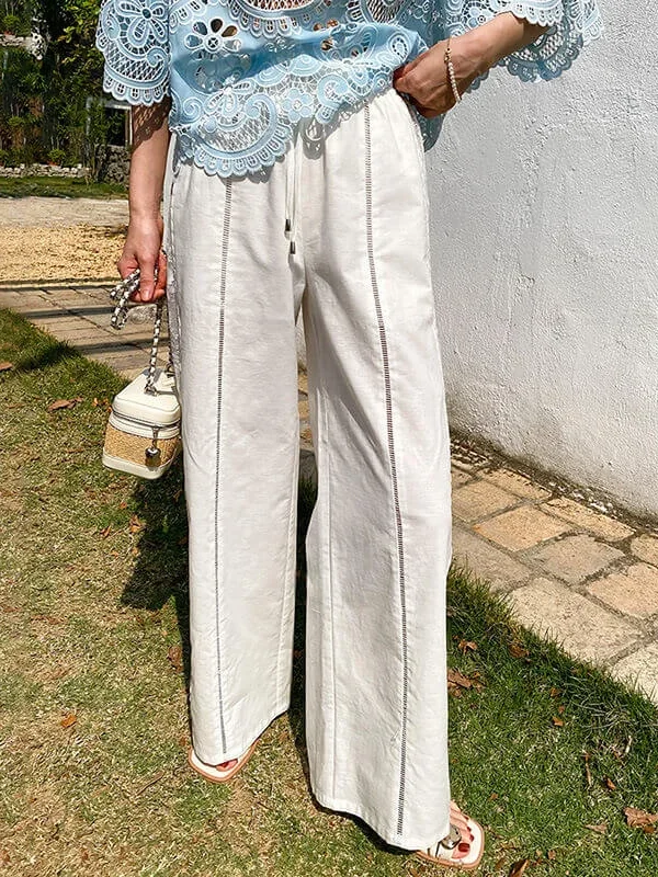 French Riviera Breathable Cotton Linen Ladder Stitch Wide Leg Trousers