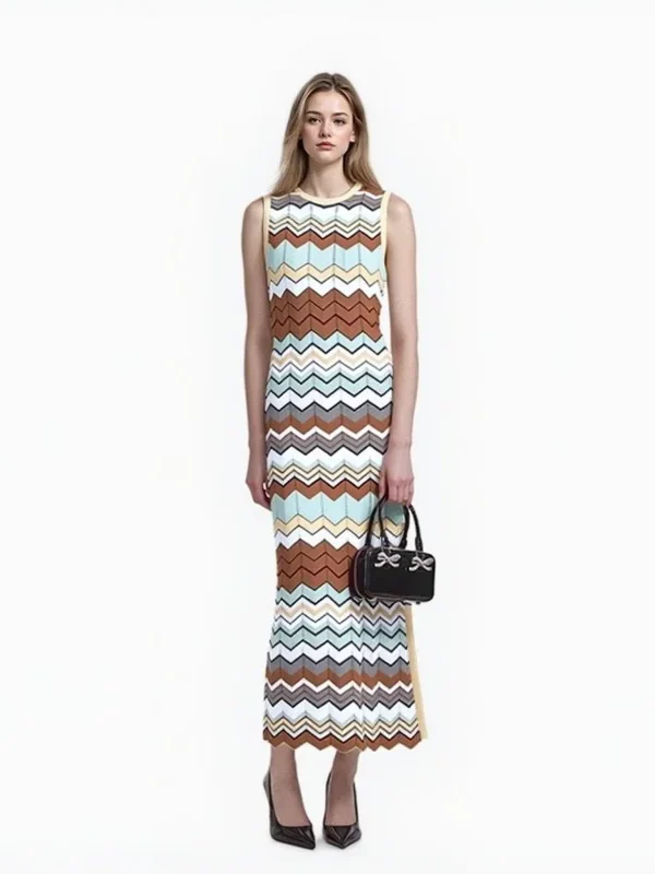 Elegant Sleeveless Chevron Knit Midi Dress Crew Neck High Waist Casual