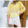 Womens Resort Floral Embroidered Blouse V Neck KimonoSleeve TieUp
