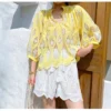 Womens Resort Floral Embroidered Blouse V Neck KimonoSleeve TieUp