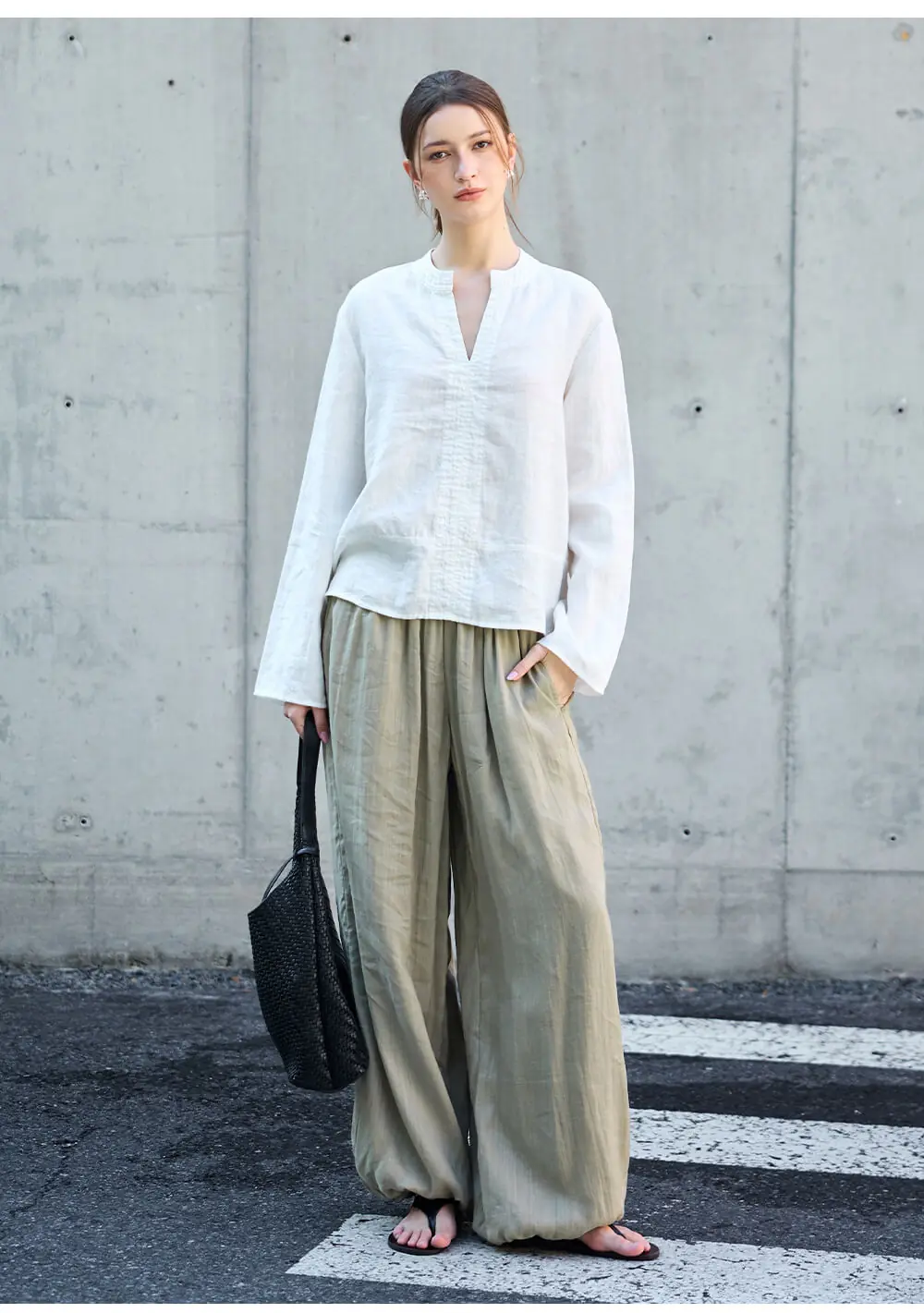 Minimalist Breathable Linen V Neck Long Sleeve Blouse