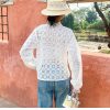 French Cotton Blouse Women Long Sleeve V Neck Loose Lace Embroidery Hollow Top