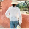 French Cotton Blouse Women Long Sleeve V Neck Loose Lace Embroidery Hollow Top