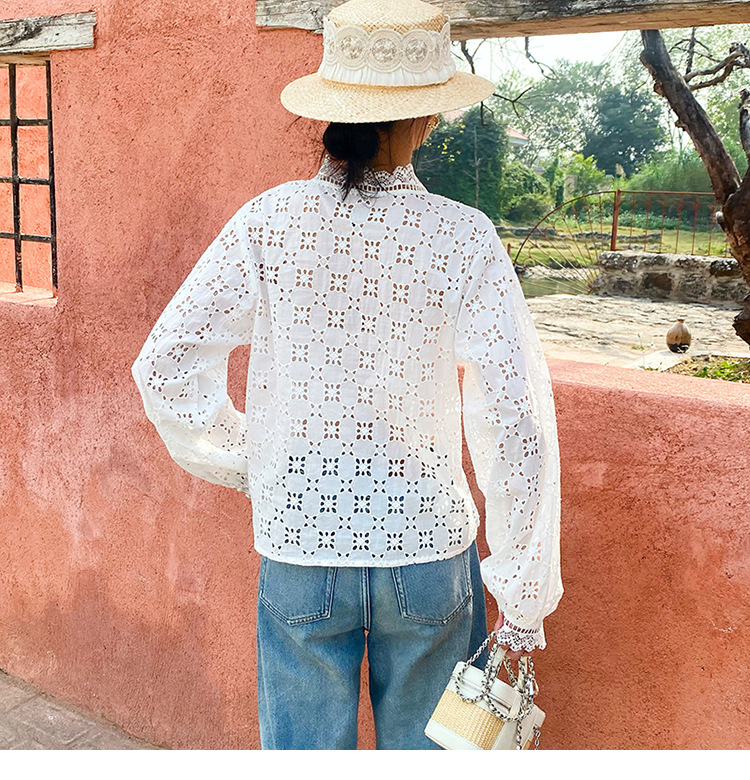 French Cotton Blouse Women Long Sleeve V Neck Loose Lace Embroidery Hollow Top