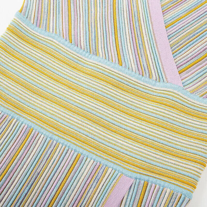 Skin-Friendly Cooling Elegant Floral Striped Knit Midi Dress V Neck Long Sleeve High Waisted A Line