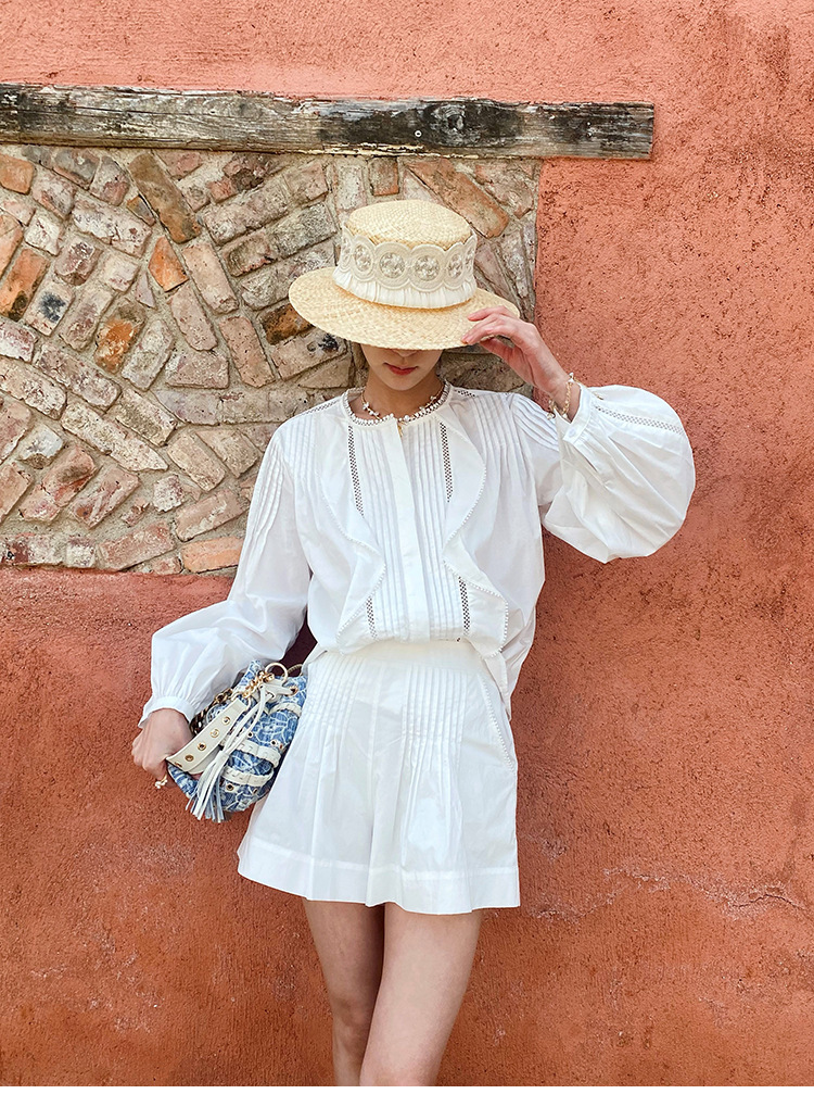 Women's French White Cotton Pleated Long Sleeve Shirt