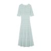 Elegant Light Green Hollow Out Knit Midi Dress Short Sleeve High Waist