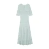 Elegant Light Green Hollow Out Knit Midi Dress Short Sleeve High Waist