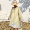 French Tencel Linen Dress Long Puff Sleeve V-Neck Midi Loose