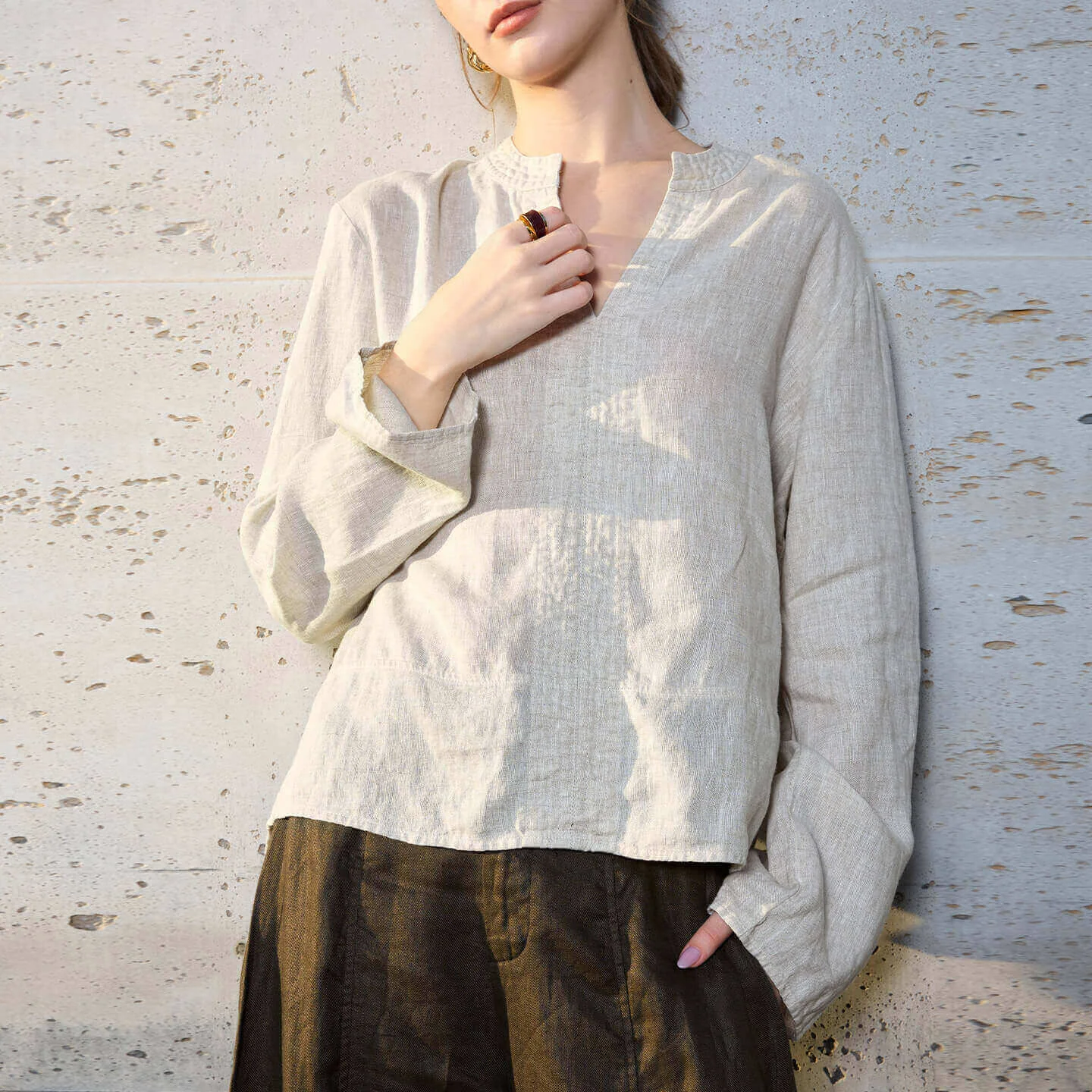 Minimalist Breathable Linen V Neck Long Sleeve Blouse