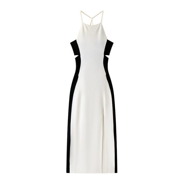 Elegant Colorblock Halter Midi Slip Dress Backless Split Slim Commuter Skin-Friendly Cooling