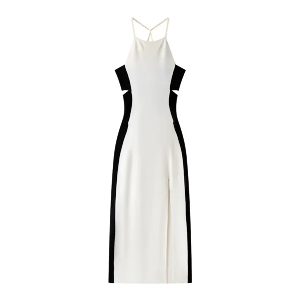 Elegant Colorblock Halter Midi Slip Dress Backless Split Slim Commuter Skin-Friendly Cooling