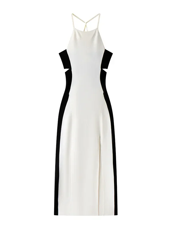 Elegant Colorblock Halter Midi Slip Dress Backless Split Slim Commuter Skin-Friendly Cooling