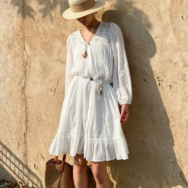 French Riviera Breathable Cotton Broderie Anglaise Midi Shirt Dress