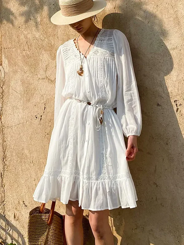 French Riviera Breathable Cotton Broderie Anglaise Midi Shirt Dress