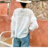 French White Cotton Blouse Long Sleeve V Neck Embroidery Lace Ruffle