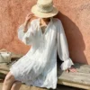 French Tencel Linen Dress Long Puff Sleeve V-Neck Midi Loose