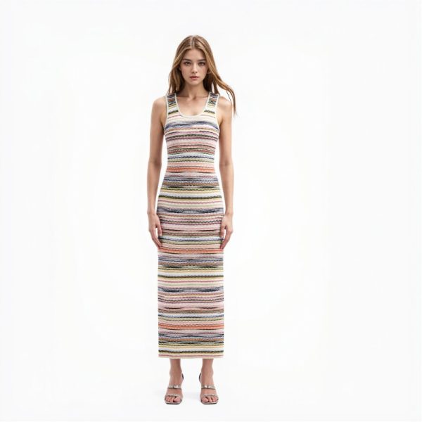 Skin-Friendly Cooling Womens Sleeveless Striped Knit Maxi Dress High Waist Elegant Work Wear