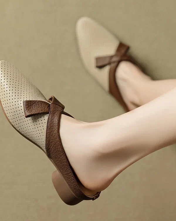 Women's Rounded Toe Sheepskin Colorblock Mules Block Heel Perforated Sandal