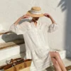 French Riviera Breathable Pure Cotton Broderie Anglaise Mini Shirt Dress