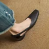 Women's Square Toe Perforated Block Heel Shoes Sheepskin Sandal