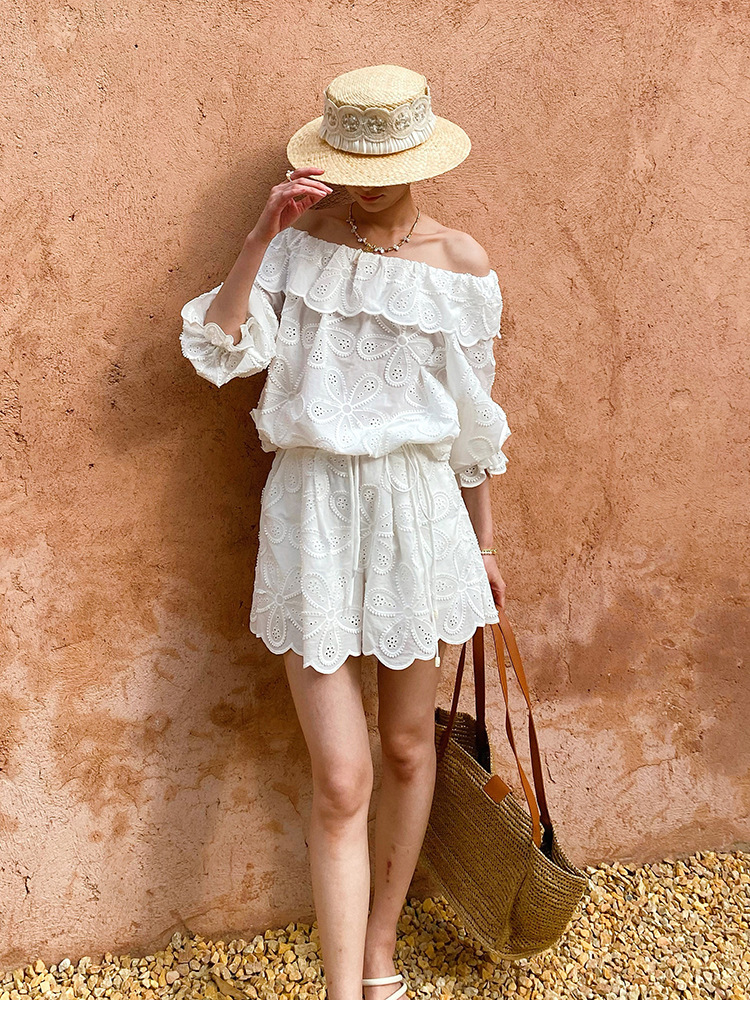 Women's French Boat Neck 3/4 Sleeve Embroidered Floral Cotton Top