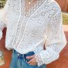 French Cotton Blouse Women Long Sleeve V Neck Loose Lace Embroidery Hollow Top