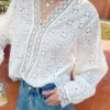French Cotton Blouse Women Long Sleeve V Neck Loose Lace Embroidery Hollow Top