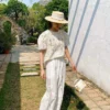French Riviera Breathable Cotton Linen Ladder Stitch Wide Leg Trousers