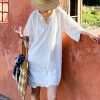 Cotton Embroidered Eyelet Tassel Loose Midi Dress 3/4 Sleeve Boho
